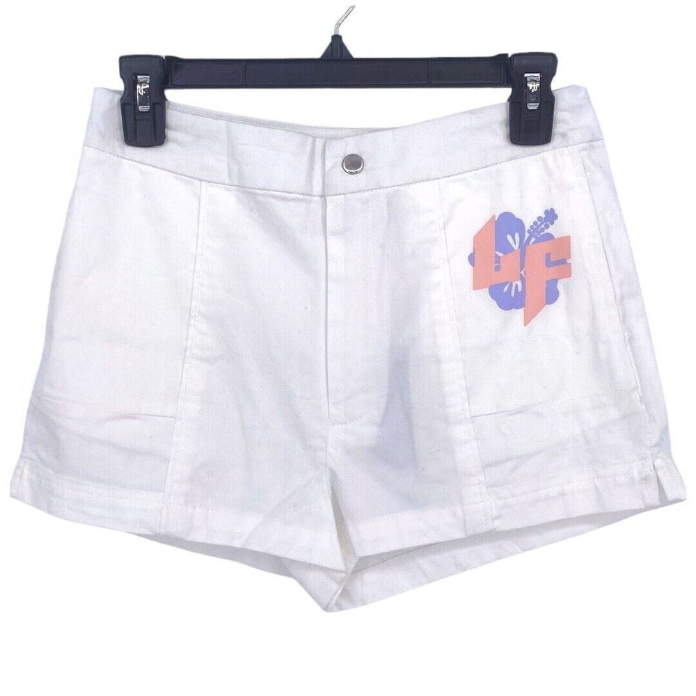 LF The Brand Womens Small Shorts White Purple Logo Zipper Short Pockets Ladies